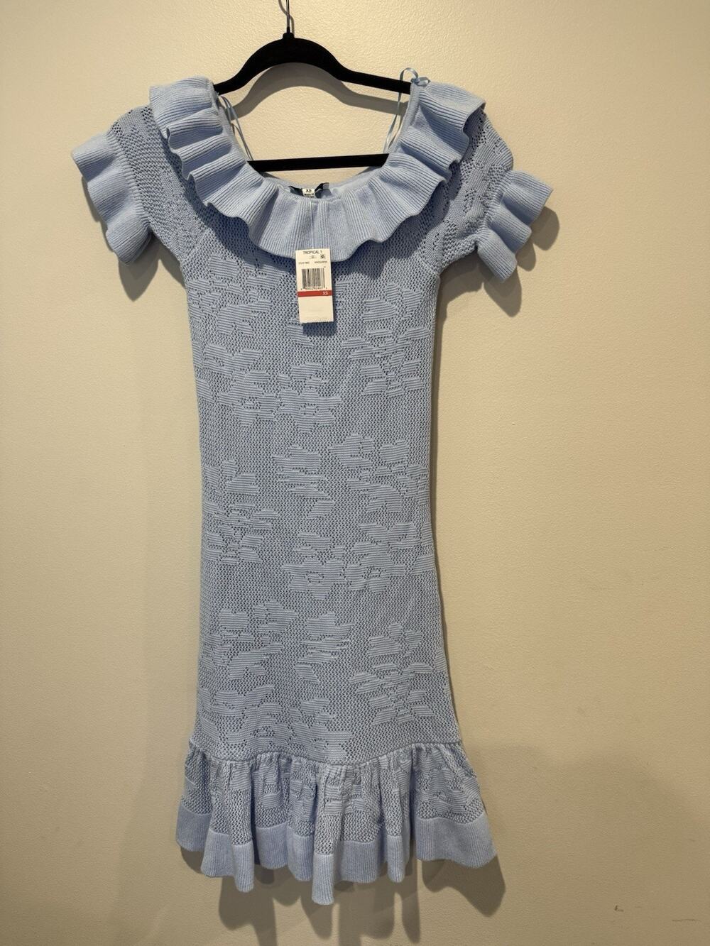 Freshman 1996 Knit Crochet Ruffle Midi Dress Powder Blue XS Cottage Coquette NWT